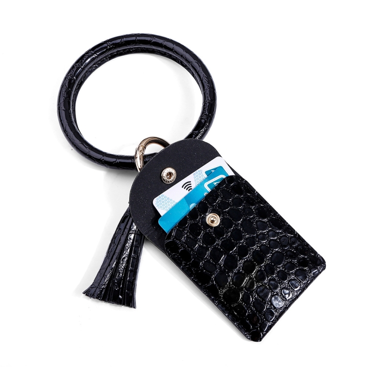 

Coin Purse Bracelet Keychain PU Tassel Leather Crocodile Pattern Card Bag(Black )