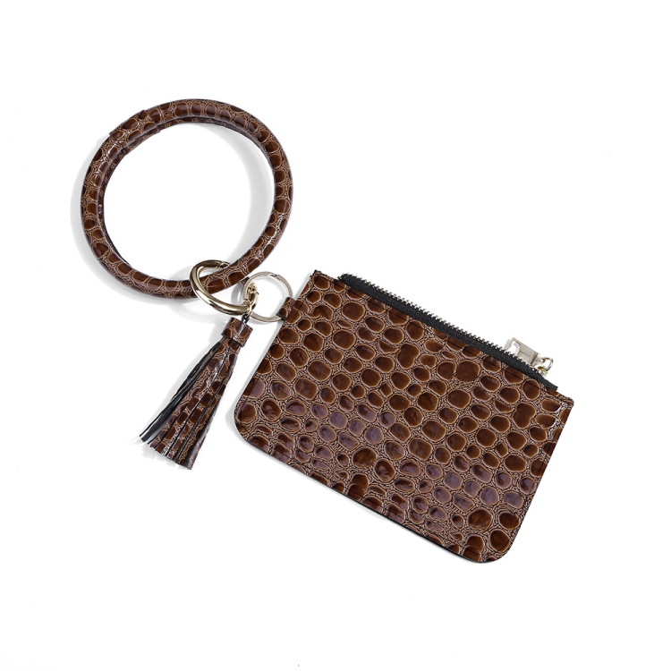 

PU Wrist Keychain Card Bag Leather Bracelet Coin Purse Pendant(Crocodile Coffee)