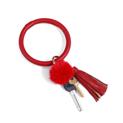 

2 PCS Fringed Bracelet Keychain Circle Anti-Lost PU Leather Hairball Bracelet Keyring Pendant( Red)