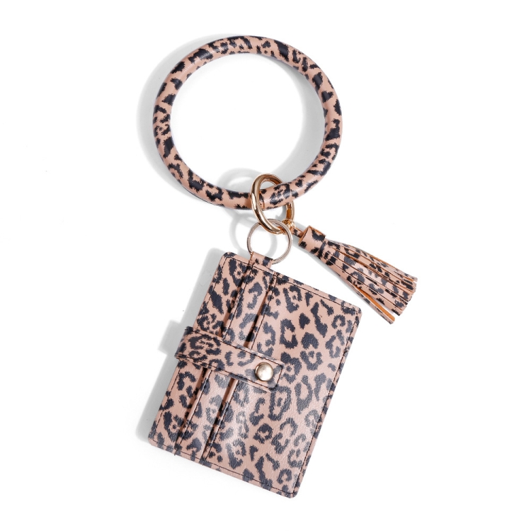 

Wrist Ring PU Leather Card Case Key Chain Coin Purse(Coffee Leopard)