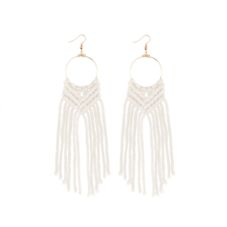 

2 Pairs Hand-Woven Earrings Female Cotton Rope Knot Tassel Earrings, Colour: White