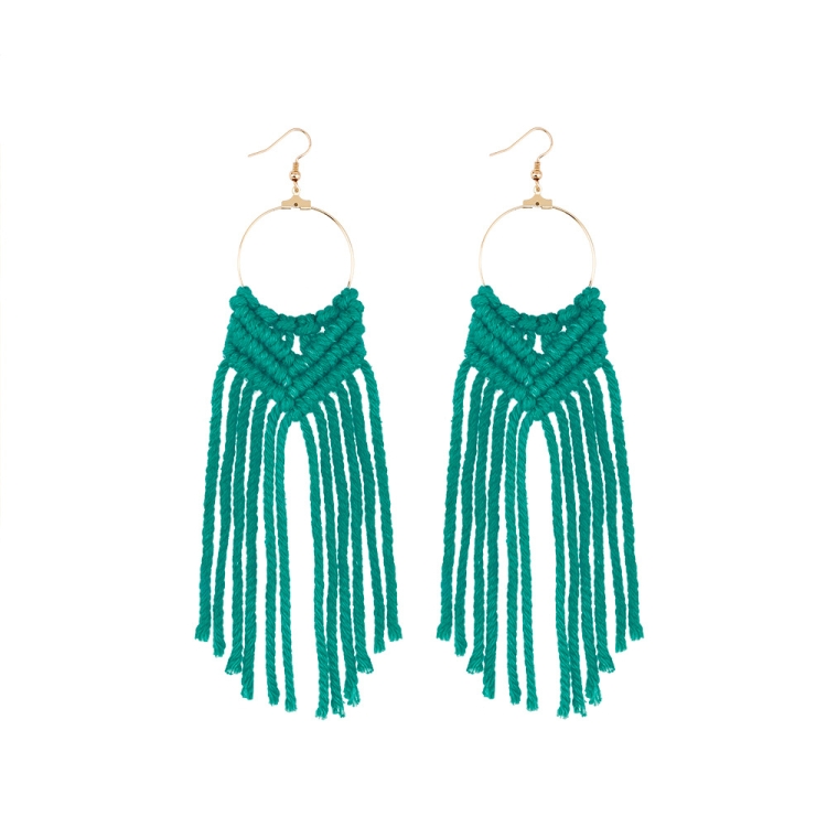 

2 Pairs Hand-Woven Earrings Female Cotton Rope Knot Tassel Earrings, Colour: Dark Green