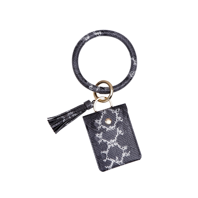 

Wrist Keychain Coin Purse PU Leather Snake Print Bracelet Card Case(Black )