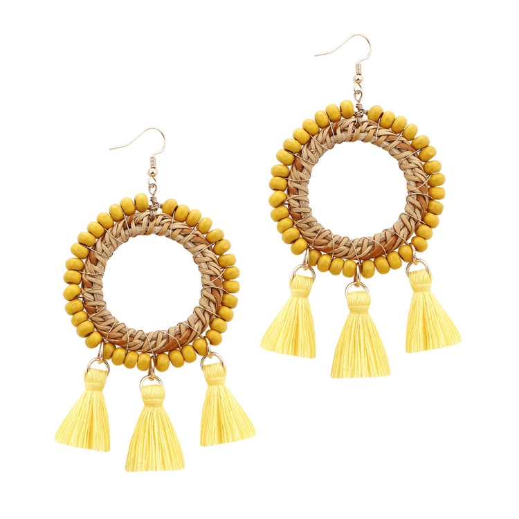 

Bohemian Circle Rice Bead Earrings Rattan Woven Tassel Earrings(Yellow )