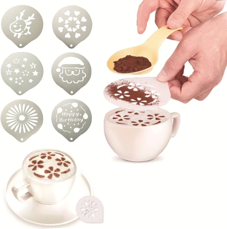 

6 PCS Stainless Steel Garland Mold Fancy Coffee Printing Model Coffee Milk Foam Spray Pattern Template Random Style Delivery