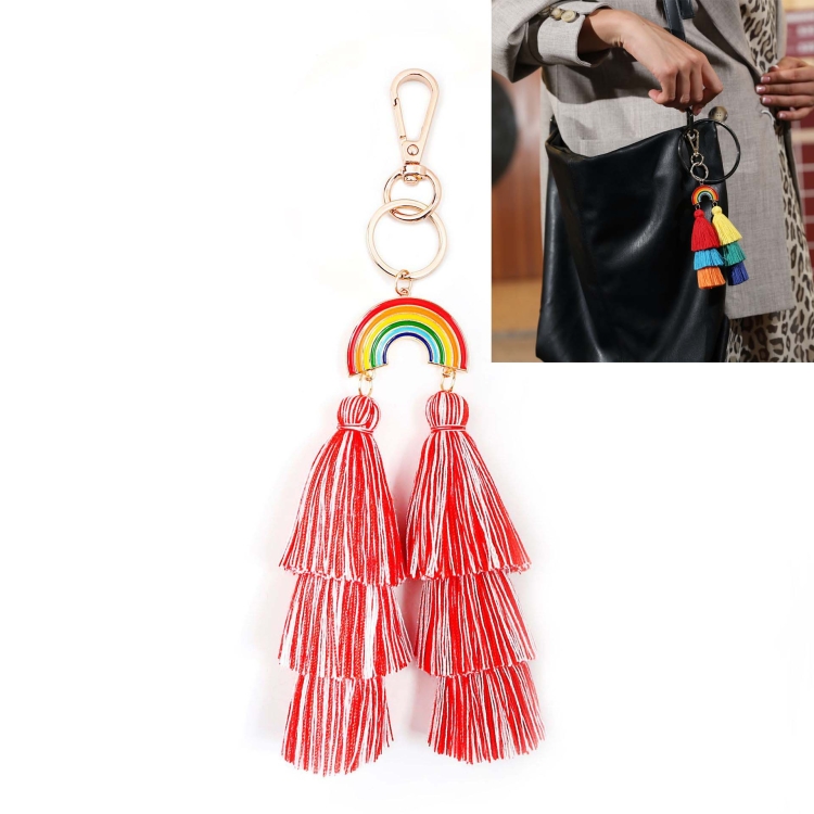 

2 PCS Rainbow Ornaments Bohemian Cotton Thread Tassel Bag Pendant Car Keychain Jewelry Accessories(Red )