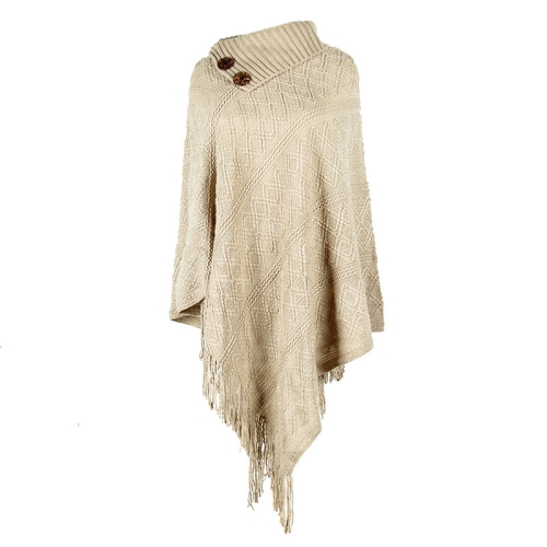 

Autumn / Winter Fringed Cloak Half Open Collar Diamond Check Lladies Knitted Shawl, Size: Free Size(Khaki)