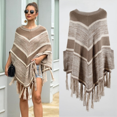 

Autumn & Winter Fringed Cloak Geometric Color Matching Round Beck Pullover Sweater Shawl, Size: Free Size(Khaki)