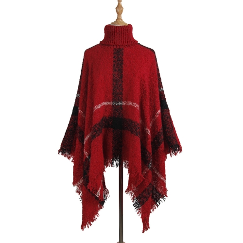 

Women Mid-Length Turtleneck Sweater Fringed Cloak Shawl, Size: Free Size(Red)