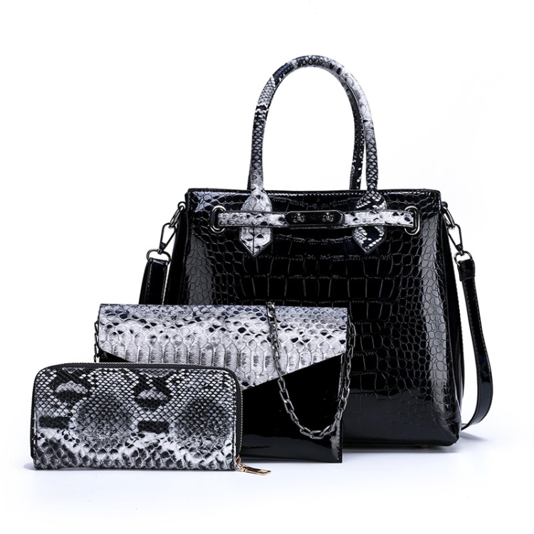 

3 in 1 Fashion Crocodile Texture One-Shoulder Large Capacity Handbag(Black)