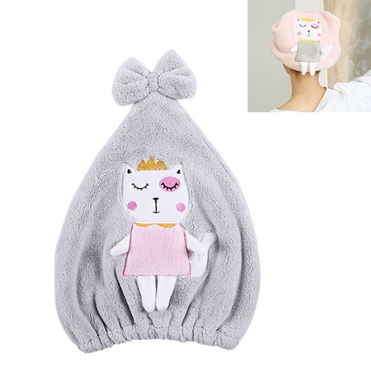 

2 PCS Soft Sbsorbent Coral Fleece Dry Hair Cap Embroidered Cat Pattern Warm Fleece Shower Cap(Gray)