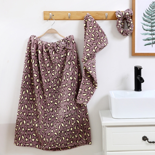 

Coral Fleece Multifunctional Bath Towel Leopard Element Thickened Absorbent Bath Skirt Bow Hair Ring+Shower Cap, Size:66x26cm(Leopard Purple)