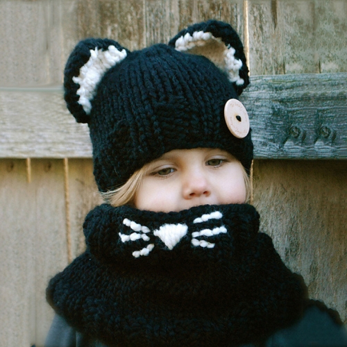 

2 in 1 Autumn / Winter Children Wool Handmade Hat Cat Shape Hat + Bib Set, Colour: Black(S (54-56cm))