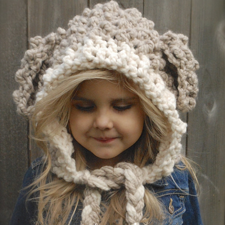 

Autumn and Winter Children Warm Knitted Hat Lamb Ear Skullcap Twist Braid Handmade Crochet Woolen Hat, Size: 52-54cm(Khaki Mixed White)