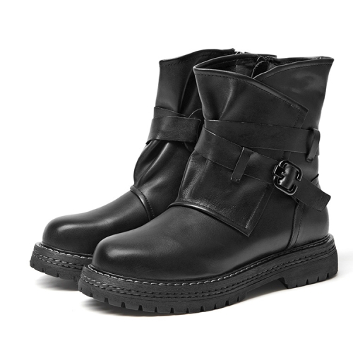 

Leather Martin Boots Female Autumn And Winter Middle Tube Retro Leather Boots, Size: 38(Black Plus Velvet)