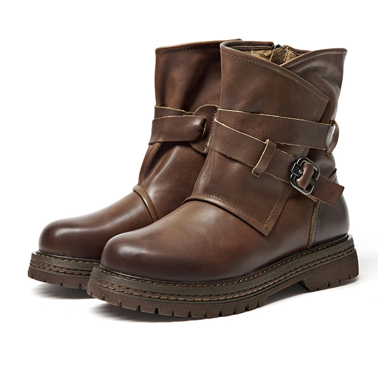 

Leather Martin Boots Female Autumn And Winter Middle Tube Retro Leather Boots, Size: 40(Brown)