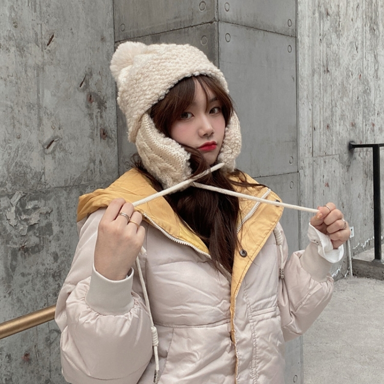 

Autumn and Winter Sweet Twist Shape Ear Protection Wool Hat Warm Riding Fur Ball Knitted Hat, Colour: Apricot(Free size)
