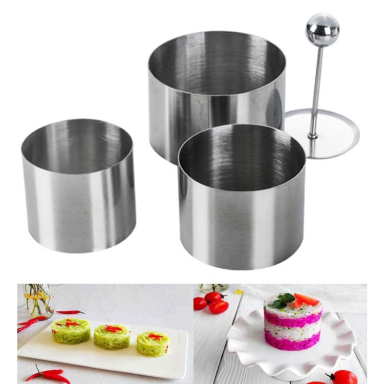 

Stainless Steel Rice Ball Mold Hotel Chef Cold Appetizer Round Plastic Mold Set Kitchen Baking Cake Tool, Specification: 3 Molds + 1 Push Plate