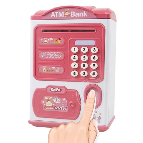 

Simulation Password Fingerprint Sensor Unlocking Money Box Automatic Roll Money Safe ATM Piggy Bank(Pink)