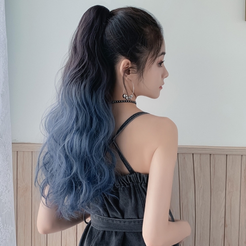 

Wig Ponytail Curly Hair Gradient Color Long Hair Realistic Fluffy Clip Chemical Fiber Wig Braid(Brown-black Gradient Haze Blue 53cm)