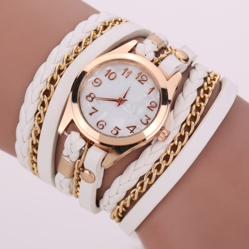 

2 PCS Braided Band Watch PU Leather Winding Ring Bracelet Watch Quartz Watch(White)