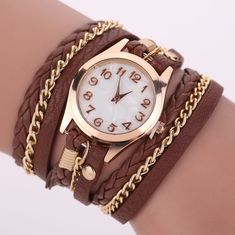 

2 PCS Braided Band Watch PU Leather Winding Ring Bracelet Watch Quartz Watch(Brown)