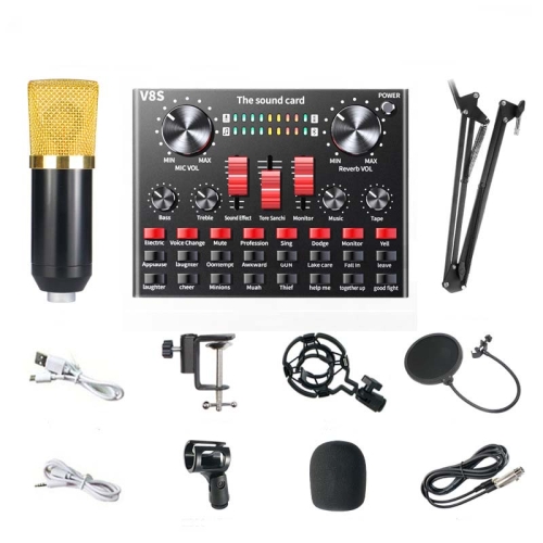 

V8S Sound Card Mobile Phone Computer Anchor Live K Song Recording Microphone, Specification:V8S + Golden Net BM700 Set