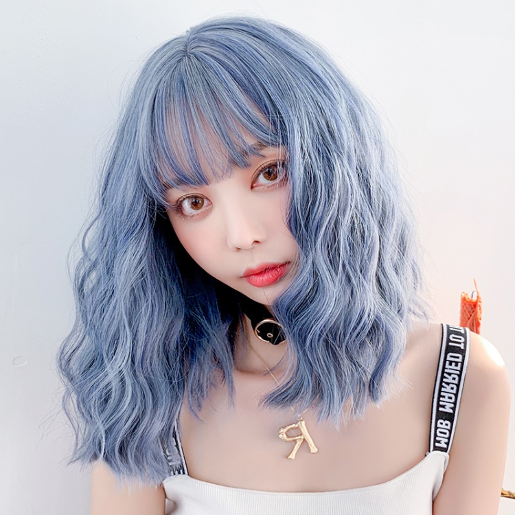 

Wig Female Short Hair Natural Full Head Lifelike Instant Noodle Head Medium And Long Curly Hair(Haze Blue 40CM)