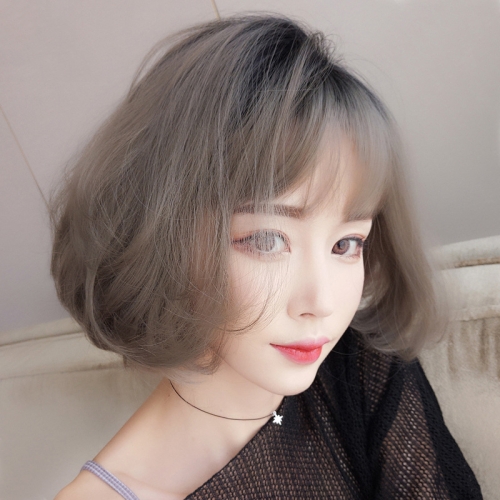 

Female Wave Bob Short Hair Realistic Personality Fluffy Head Cover Wig, Colour: Aoki Linen Grey Black Dyed Top 26CM