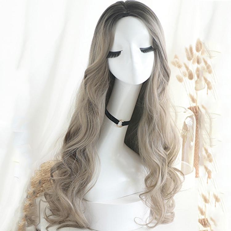 

Wigs Female Long Curly Hair Big Waves Pear Flowers Temperament Natural Chemical Fiber, Colour: Aoki Linen Grey (Black Dyed on Top) 65CM
