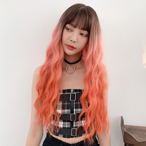 

Gradient Long Curly Hair Big Wave Chemical Fiber Simulation Hair Women Bangs Full Top Hair Cover(Coral Orange Gradient 68CM)