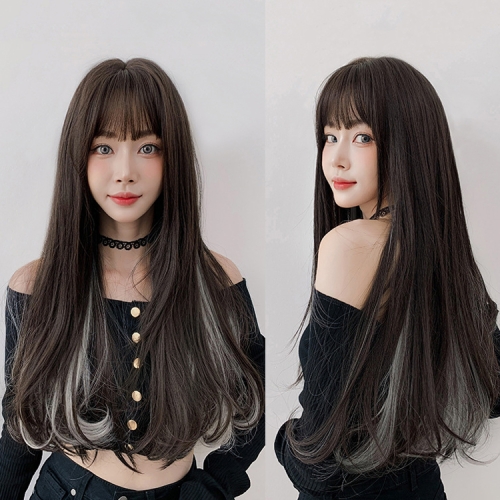 

Wig Female Long Hair Hanging Ears Highlight Hair Full Headgear Bangs Long Curly Hair(Black Tea White Rainbow 65cm)