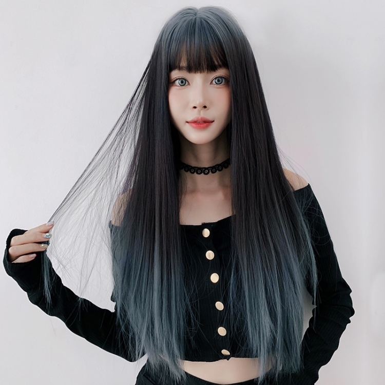 

Wig Female Long Hair Gradient Air Bangs Full Top Long Straight Hair(Lake Blue Feather 66cm)