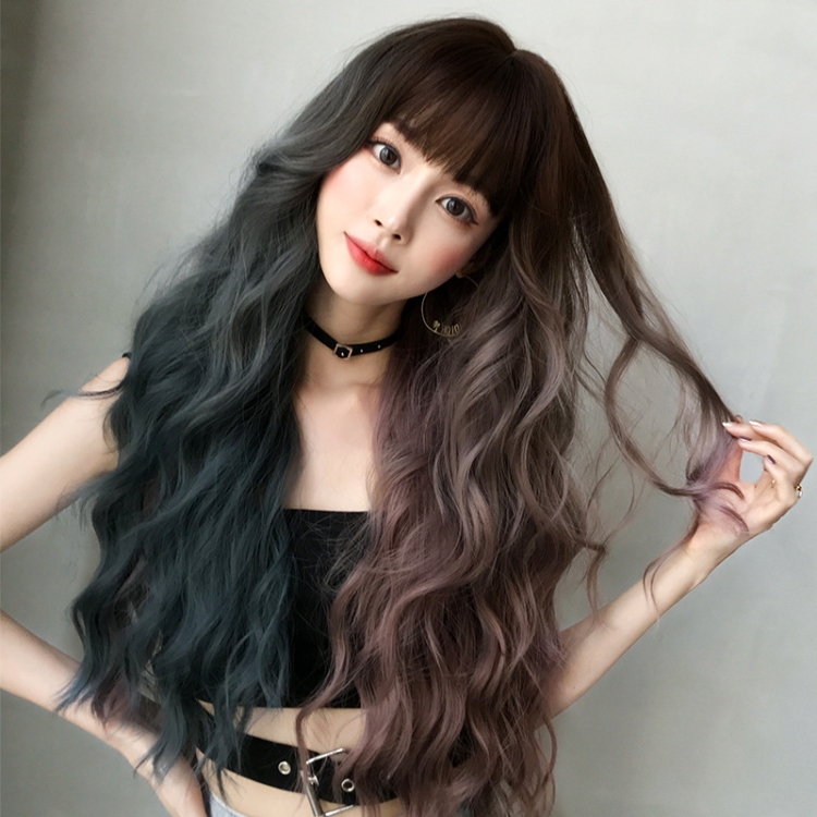 

Wig Female Long Hair Full Headgear Big Wave Two-Color Full Bangs Headgear(Dradient Mint Cherry 76CM)