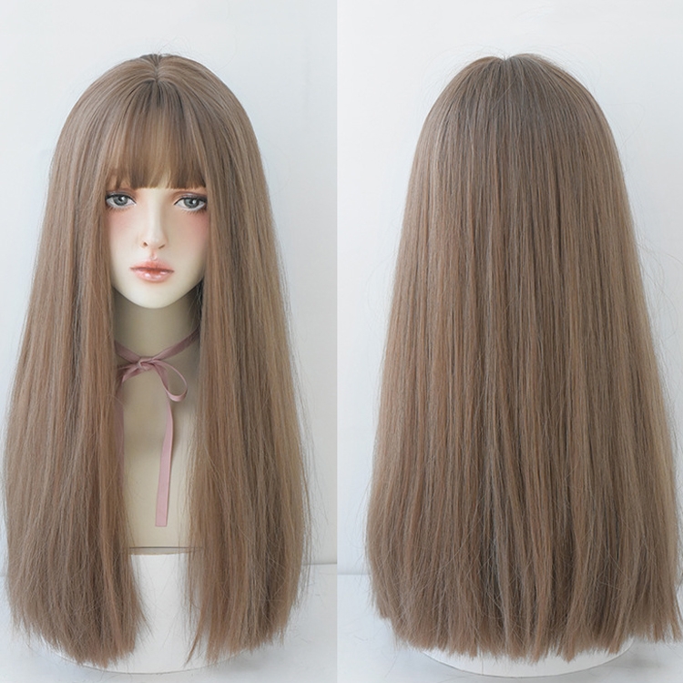 

Wig Female Long Hair Full Headgear Straight Hair Natural Air Bangs Full Top Wig(Honey Tea Linen 58CM)
