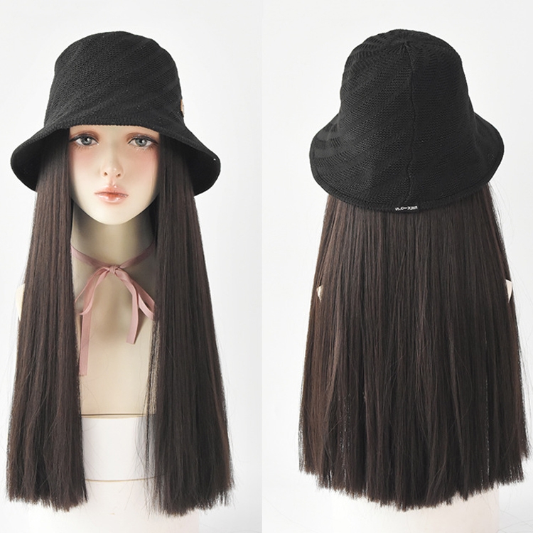 

Wig Female Long Hair Natural Fluffy Hat Wig Long Straight Hair(Black Hat Black Brown)