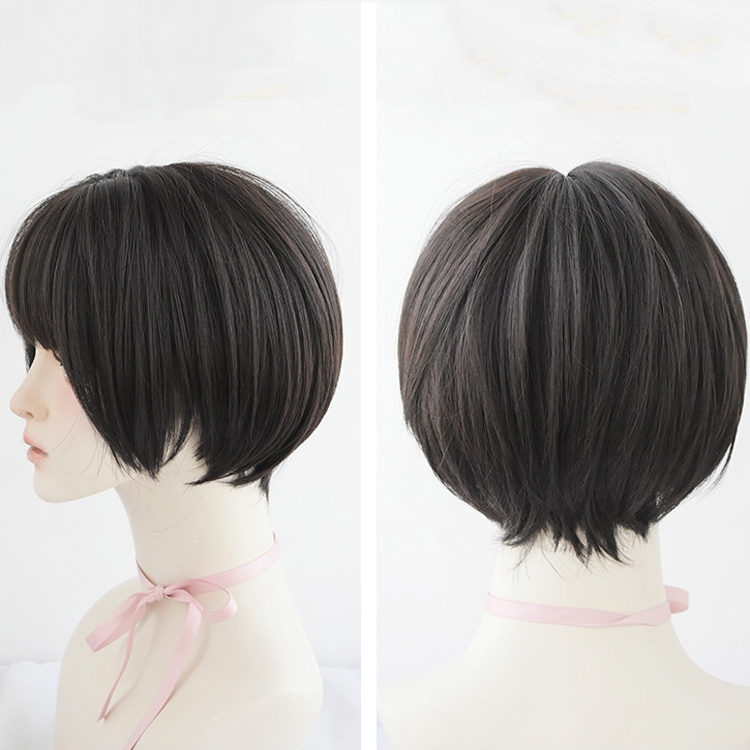 

Wig Female Short Hair Round Face Full Top Headgear Short Hair Temperament Bangs Hair Cover(Black Brown 28CM)