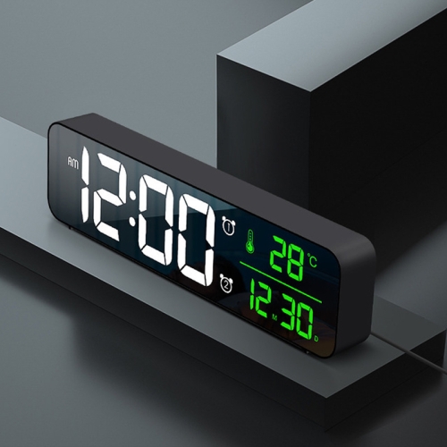 

USB Electronic Clock LED Mirror Alarm Clock Desktop Wall Music Perpetual Calendar Clock(Black)