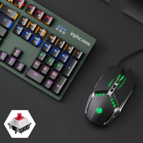 

Inphic V910 Mechanical Metal Wired Keyboard Full-key Non-rush Gaming Keyboard, Cable Length: 1.5m, Colour: Dark Night Green Red Axis + Mouse