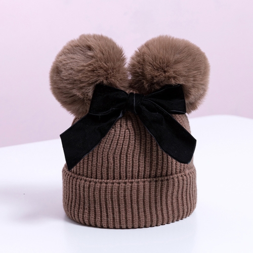 

MZ7153 Double Wool Ball Bowknot Children Knitted Hat With Cotton Warm Baby Hat, Size: About 6-36 Months(Dark Brown)