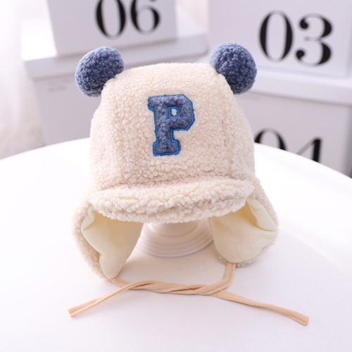 

C0183 Letter Lamb Velvet Children Bomber Cap Warm Baby Hat with Cotto, Size: Around 50cm(Beige and Blue Letters)