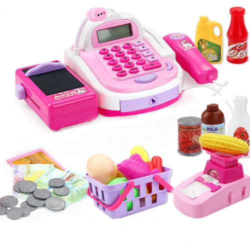 

Mini Analog Supermarket Checkout Cash Register Set Child Role Playing Toy 47 PCS / Set Pink