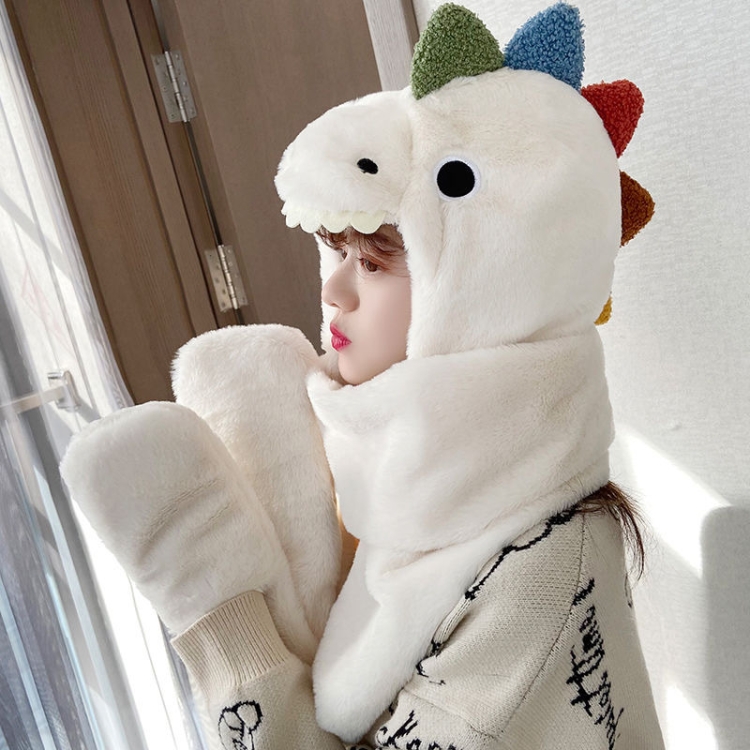 

C0215 Adult Dinosaur Cartoon Velvet Hat Thickened Warm Scarf Hat, Size: One Size(Milky White)