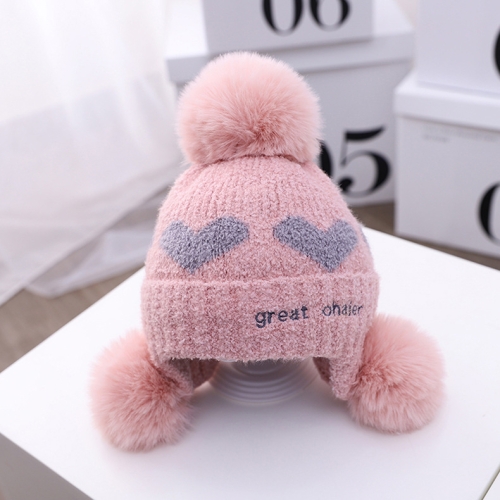 

C0169 Love-heart Pattern Hair Ball Children Knitted Hat Baby Ear Protection Warm Woolen Hat, Size: Around 46-50cm(Skin Powder)