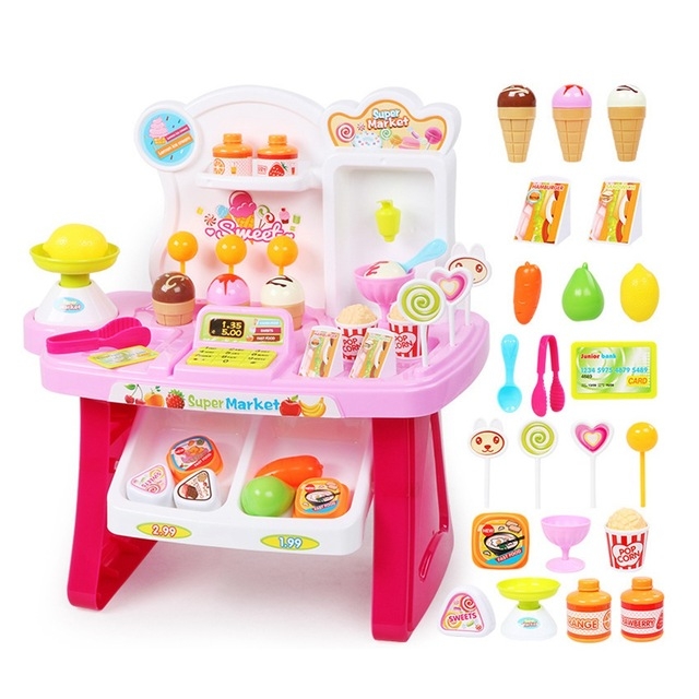 

Simulation Ice Cream Candy Shop Ice Cream Taiwan Supermarket Cashier Children Play House Play Role Educational Toys(Pink)