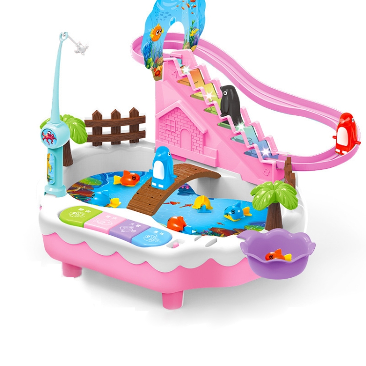 

TongLi Penguin Climbing Stairs Magnetic Fishing Toy Electric Music Light Game Machine(Pink)
