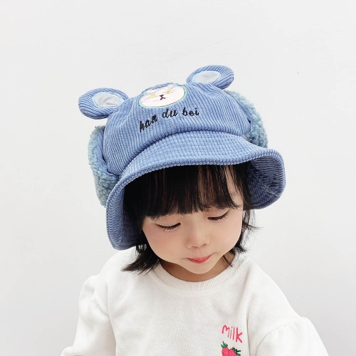 

Autumn and Winter Thickened Children Ear Protection Fisherman Hat Corduroy Hat with Glowing Bear Pattern, Size: Head Circumference 52cm(Blue )