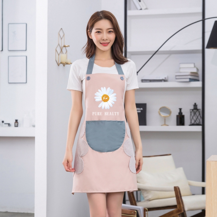 

3 PCS Household Apron Kitchen Waterproof And Oil-Proof Female Daisy Pattern Apron Hanging Neck (Pink Blue Pocket)