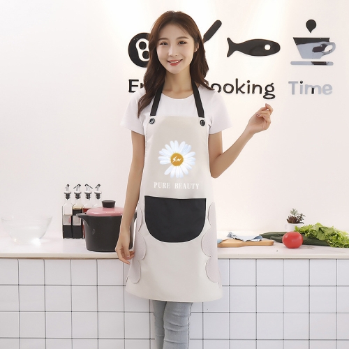 

3 PCS Household Apron Kitchen Waterproof And Oil-Proof Female Daisy Pattern Apron Hanging Neck (Gray Black Pocket)