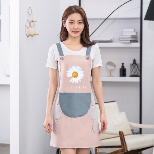 

3 PCS Household Apron Kitchen Waterproof And Oil-Proof Female Daisy Pattern Apron Strap (Pink Blue Pocket)